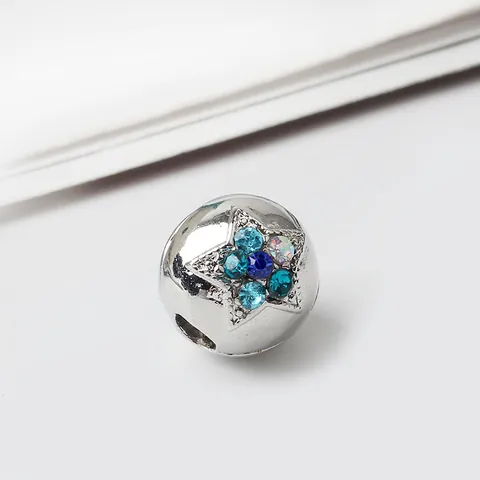 Alloy Silver Star Rhinestone Hollow Bead For DIY Bracelet Jewelry Making Blue White Crystal Star Pattern Decorative Bead