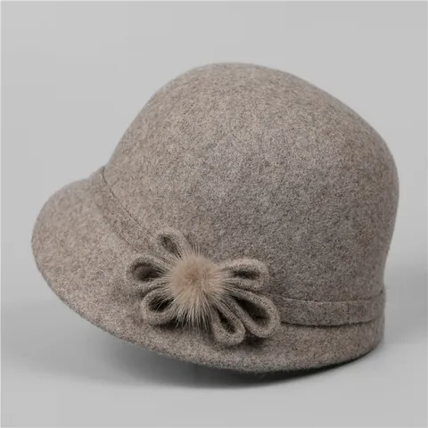 Chapeau Cloche Élégant en Feutre de Laine pour Femmes Hiver Chaud Fleur Nœud Pompon Chapeau Seau Décoratif pour Dames