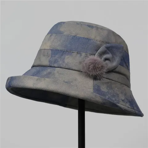 Women's Vintage Tie-Dye Ink Floral Bucket Hat With Bow And Faux Fur Ball Elegant Warm Cotton Cloth Cloche Hat For Ladies