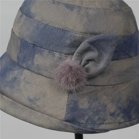 Women's Vintage Tie-Dye Ink Floral Bucket Hat With Bow And Faux Fur Ball Elegant Warm Cotton Cloth Cloche Hat For Ladies