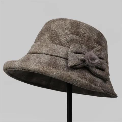 Dames Vintage Ruitjes Vissershoed Herfst Winter Warme Wollen Cloche Hoed Met Strik En Pompon Decoratie Voor Oudere Dames
