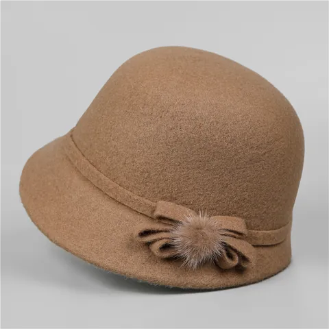 Chapeau Cloche Élégant en Feutre de Laine pour Femmes Hiver Chaud Fleur Nœud Pompon Chapeau Seau Décoratif pour Dames