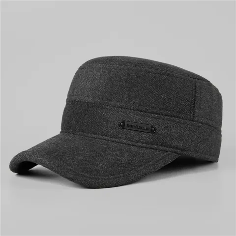 Men's Winter Warm Flat Top Cap Wool Blend Fleece Lined Military Style Cadet Hat With Earflaps For Elderly Outdoor Windproof