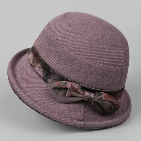 Cappello Cloche da Donna Elegante in Misto Lana Vintage con Fiocco e Fiori Cappello a Campana Invernale Caldo per Madre Anziana