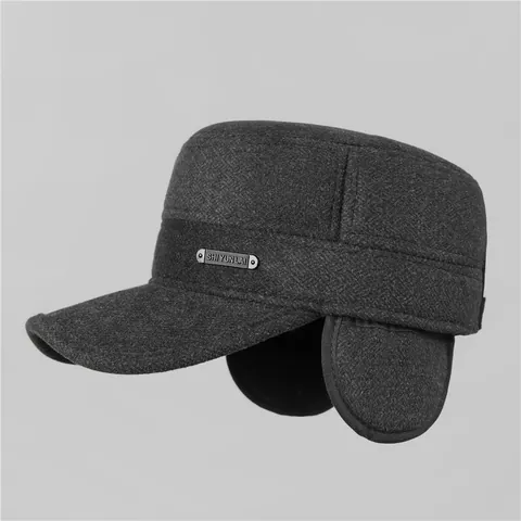 Men's Winter Warm Flat Top Cap Wool Blend Fleece Lined Military Style Cadet Hat With Earflaps For Elderly Outdoor Windproof