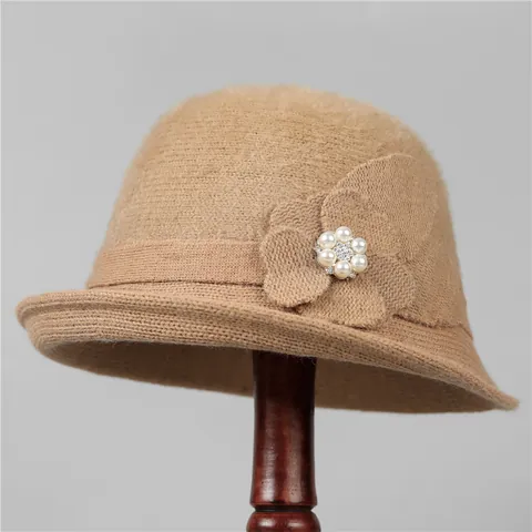 Women Elegant Rabbit Hair Blend Knit Bucket Hat Vintage Flower Pearl Rhinestone Warm Autumn Winter Cloche Hat For Mother