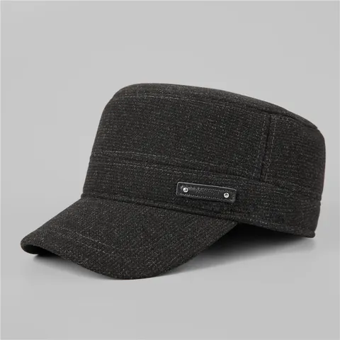 Men's Winter Warm Fleece Lined Flat Top Hat With Ear Flaps Wool Blend Cadet Cap For Elderly Dad Outdoor Windproof Hat