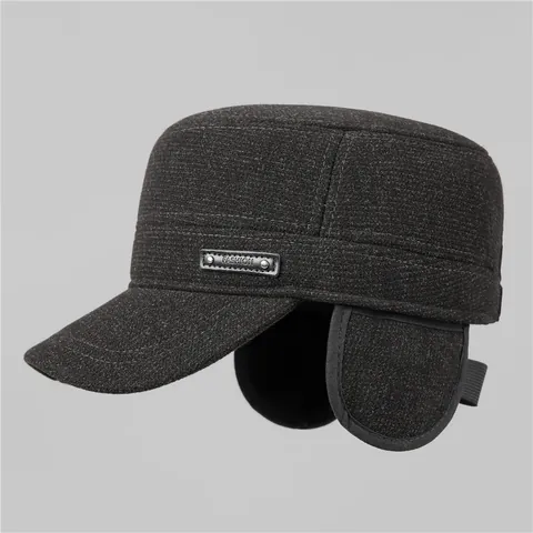 Men's Winter Warm Fleece Lined Flat Top Hat With Ear Flaps Wool Blend Cadet Cap For Elderly Dad Outdoor Windproof Hat
