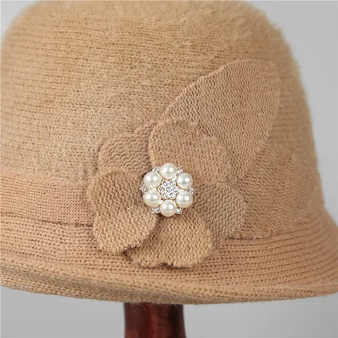 Women Elegant Rabbit Hair Blend Knit Bucket Hat Vintage Flower Pearl Rhinestone Warm Autumn Winter Cloche Hat For Mother