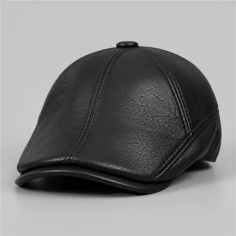 Men's PU Leather Forward Hat Winter Warm Fleece Lined Ivy Cap With Ear Flaps For Middle Aged Elderly Men Casual Flat Cap