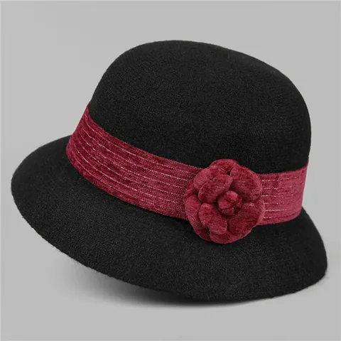 Vintage Audrey Hepburn Style Rabbit Hair Blend Cloche Hat For Women Elegant Floral Decor Winter Warm Round Top Bucket Hat