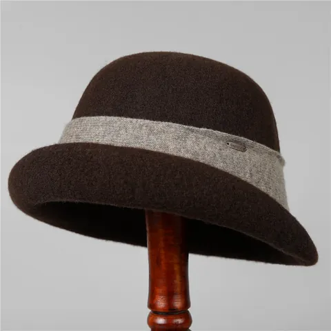 Damen Vintage Wolle Glockenhut Elegant Warm Fedora Hut Mit Kontrast Strickband Winter Breite Krempe Filz Eimer Hut Damen