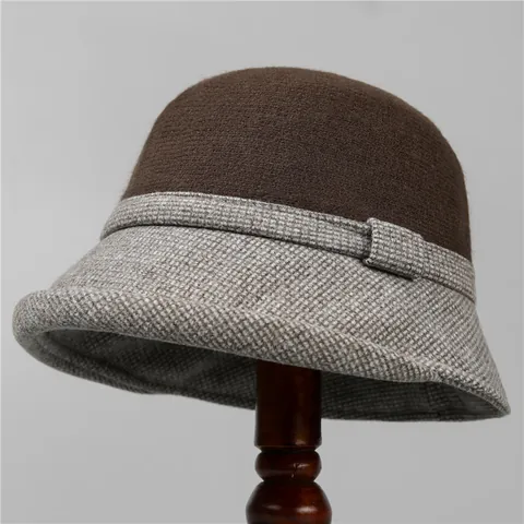 Vintage Women Wool Blend Cloche Hat Warm Winter Thickened Patchwork Houndstooth Bucket Hat Elegant Lady Dress Hat
