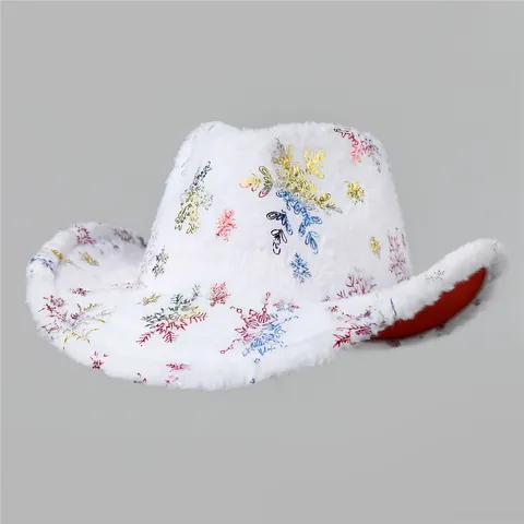 Christmas Snowflake Plush Cowboy Hat Western Style Holiday Party Costume Hat For Women Men Xmas Festive Warm Dress Up Cap