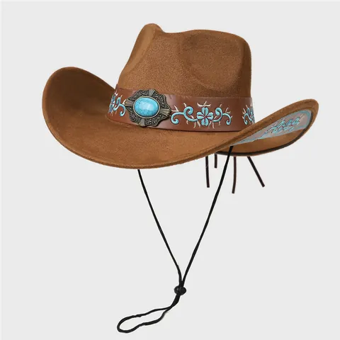 Sombrero De Vaquero Occidental Vintage Para Hombre Mujer De Gamuza Sintética Bordado Floral Turquesa Ala Ancha Con Cuerda De Viento