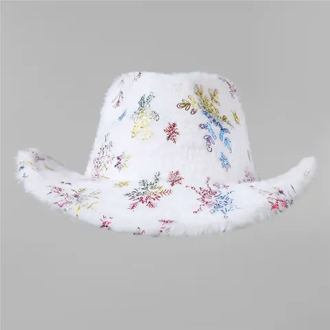 Christmas Snowflake Plush Cowboy Hat Western Style Holiday Party Costume Hat For Women Men Xmas Festive Warm Dress Up Cap