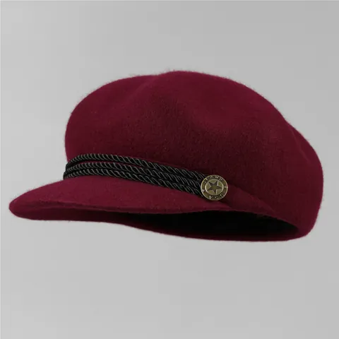 Vintage Wool Newsboy Cap For Women Autumn Winter Warm Baker Boy Hat Braided Rope Star Button Adjustable Solid Color Octagonal Hat