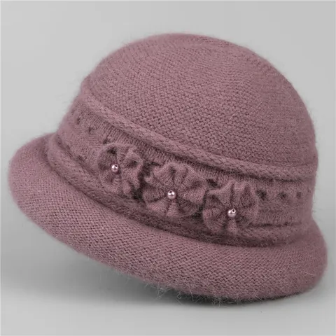 Women's Winter Rabbit Hair Blend Knitted Hat Thick Fleece Lined Warm Bucket Hat With Flower Pearl Elegant Beanie For Elderly Mother