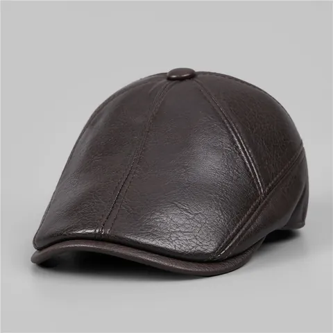 Men's PU Leather Forward Hat Winter Warm Fleece Lined Ivy Cap With Ear Flaps For Middle Aged Elderly Men Casual Flat Cap