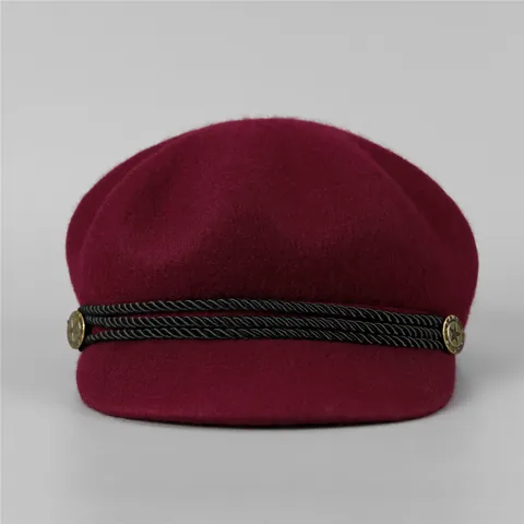Vintage Wool Newsboy Cap For Women Autumn Winter Warm Baker Boy Hat Braided Rope Star Button Adjustable Solid Color Octagonal Hat