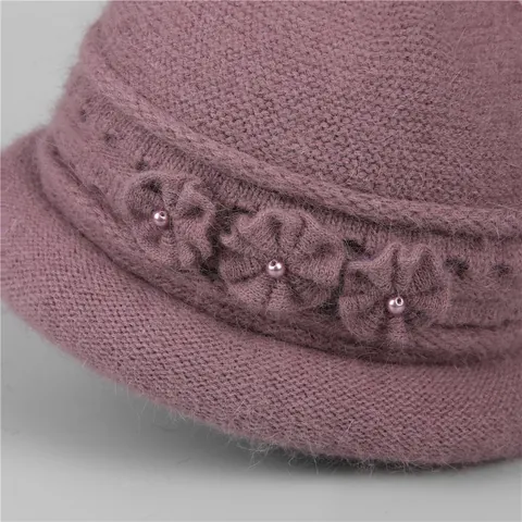 Women's Winter Rabbit Hair Blend Knitted Hat Thick Fleece Lined Warm Bucket Hat With Flower Pearl Elegant Beanie For Elderly Mother