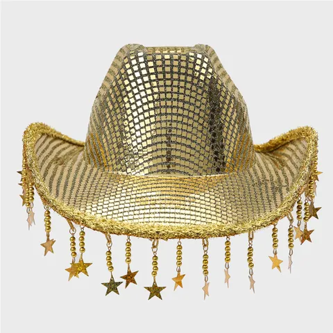 Cappello da Cowboy Western Disco con Paillettes Scintillanti Stella Nappina Specchio Riflettente Cappello da Festa per Donna Accessori Spettacolo