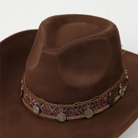 Women Western Cowboy Hat Vintage Ethnic Suede Sun Hat With Woven Band And Metal Coin Pendants Wide Brim Fedora Hat