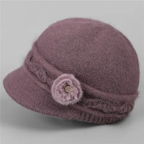 Warm Knit Beanie Hat For Elderly Women Fleece Lined Thick Rabbit Hair Blend Winter Hat With Flower Rhinestone Elastic