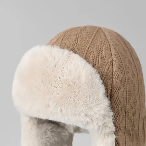 Chapeau Trappeur en Tricot d'Hiver pour Femme Doublé de Fausse Fourrure Chapeau à Rabat Chaud Coupe-Vent pour Ski en Plein Air
