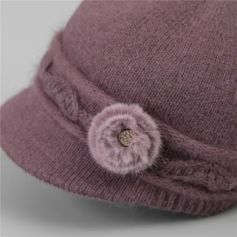 Warm Knit Beanie Hat For Elderly Women Fleece Lined Thick Rabbit Hair Blend Winter Hat With Flower Rhinestone Elastic