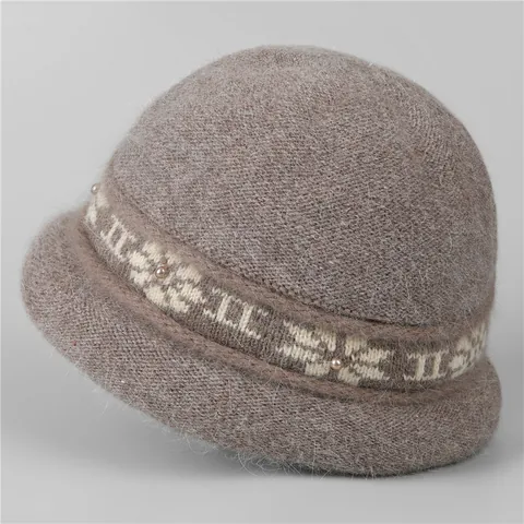 Women Winter Rabbit Hair Blend Knitted Bucket Hat Warm Fleece Lined Cloche Hat Pearl Jacquard Decor For Elderly Mothers