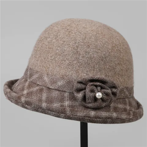 Cappello a Secchiello in Misto Pelo di Coniglio Vintage Donna Cappello Cloche Invernale con Fiori Künstliche Perle Tesa Plaid Regalo