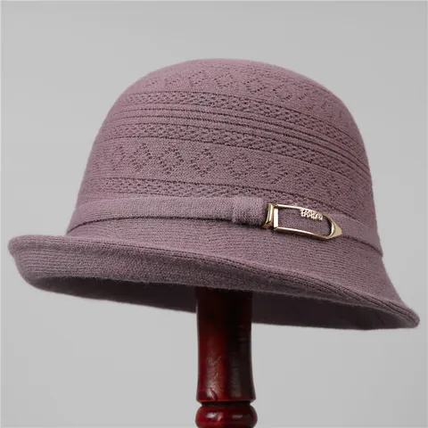 Sombrero de Cubo de Punto Cálido de Invierno para Mujer Elegante Sombrero Cloche Vintage de Mezcla de Algodón y Poliéster Con Hebilla de Metal