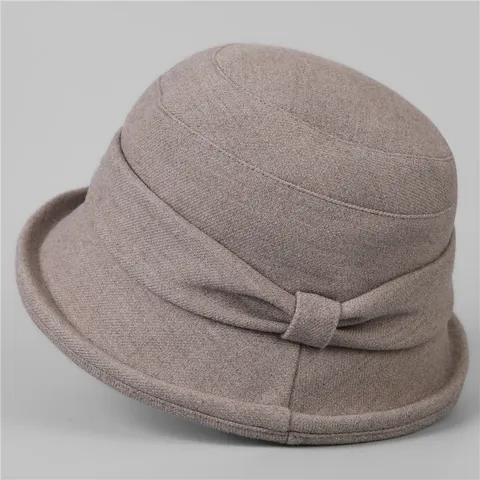 Chapeau Cloche Élégant Vintage pour Femmes Automne Hiver Chaud Mélange Coton Bob Bord Roulé Décor Noeud Pliable pour Dames