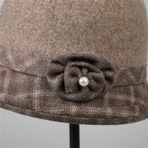 Cappello a Secchiello in Misto Pelo di Coniglio Vintage Donna Cappello Cloche Invernale con Fiori Künstliche Perle Tesa Plaid Regalo