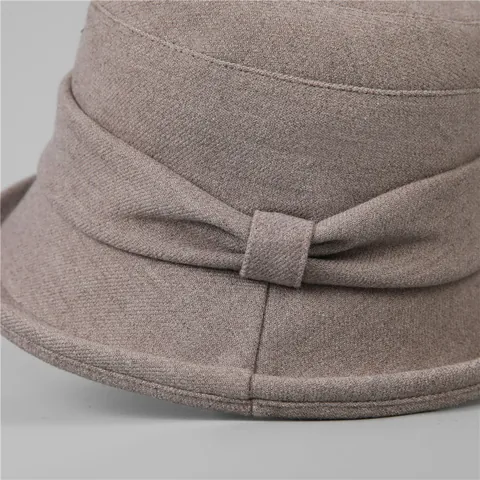 Chapeau Cloche Élégant Vintage pour Femmes Automne Hiver Chaud Mélange Coton Bob Bord Roulé Décor Noeud Pliable pour Dames