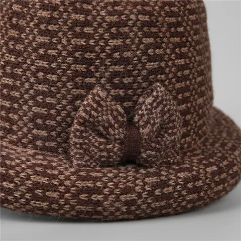Women's Vintage Knitted Cloche Hat With Bowknot Thickened Warm Autumn Winter Bucket Hat For Elderly Grandma Elegant Dress Hat