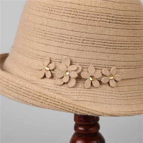 Women's Elegant Knitted Cloche Hat Warm Winter Viscose Blend Bucket Hat With 3D Floral Rhinestone Decor For Middle-Aged Mother