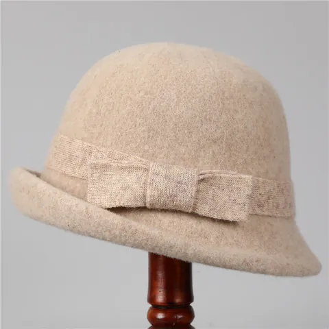 Sombrero Cloche de Mujer Vintage Francés Mezcla de Lana Sombrero de Pescador Con Lazo Elegante Invierno Cálido Borde Enrollado