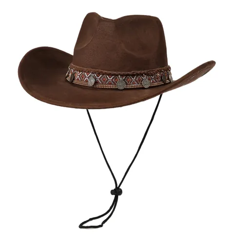 Women Western Cowboy Hat Vintage Ethnic Suede Sun Hat With Woven Band And Metal Coin Pendants Wide Brim Fedora Hat