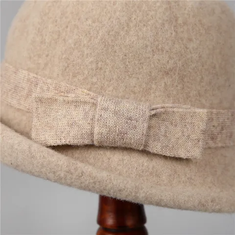 Sombrero Cloche de Mujer Vintage Francés Mezcla de Lana Sombrero de Pescador Con Lazo Elegante Invierno Cálido Borde Enrollado