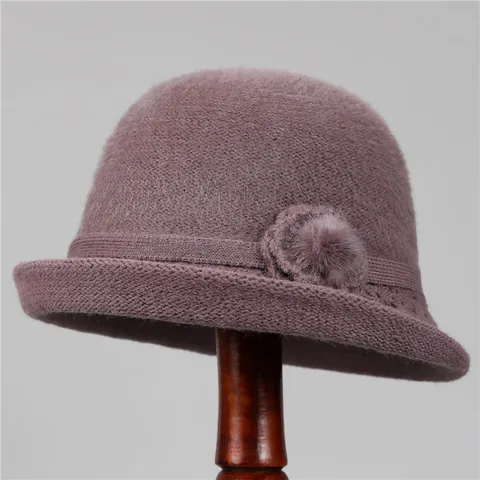 Women Winter Warm Knit Bucket Hat With Flower Fur Ball Decor Solid Color Thickened Fleece Lined Fisherman Cap For Elderly Ladies