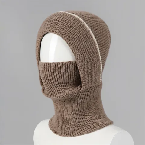 Women Winter Balaclava Knitted Hat Fleece Lined Warm Hooded Scarf Neck Warmer Windproof Stripe Beanie For Outdoor Riding