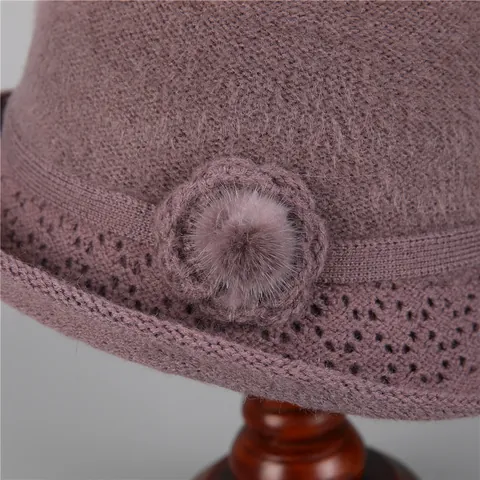 Women Winter Warm Knit Bucket Hat With Flower Fur Ball Decor Solid Color Thickened Fleece Lined Fisherman Cap For Elderly Ladies