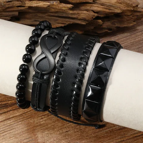 Braccialetti di Perline in Pelle Intrecciata Vintage Punk Con Rivetti Infinity Collezione da Uomo Gioielli Fatti a Mano Nero
