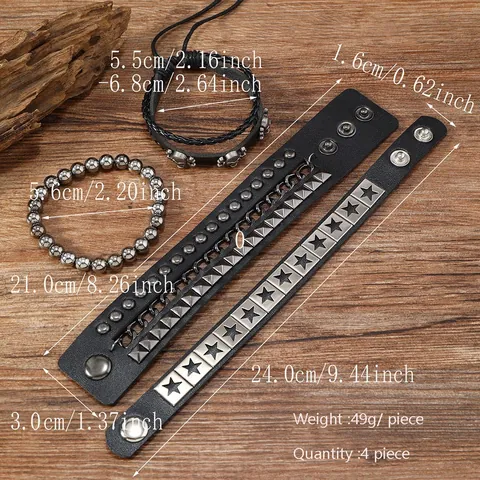 Bracciale in Pelle a Strati Punk Rock per Uomo Donna Vintage Teschio Pentagramma Rivetto Catena in Lega Gioielli Multistrato