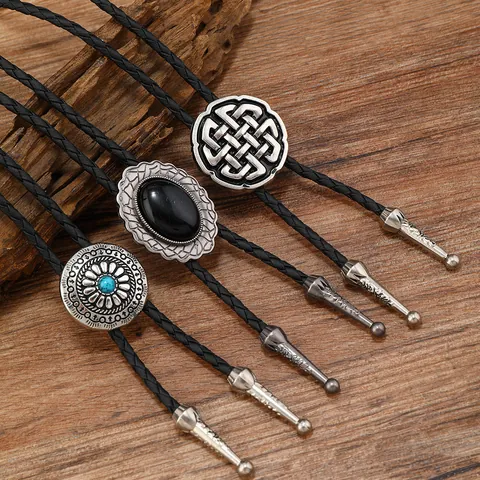 Vintage Western Cowboy Bolo-Krawatte PU-Leder Geflochtenes Seil Keltischer Knoten Synthetischer Türkis Anhänger Halskette Für Herren Damen Schmuck