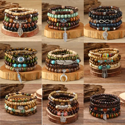 Braccialetto Multistrato Bohemien in Grani di Legno Per Uomo Donna Vintage Etnico Turchese Cordino in Pelle Ciondoli Foglia Albero Mano di Fatima