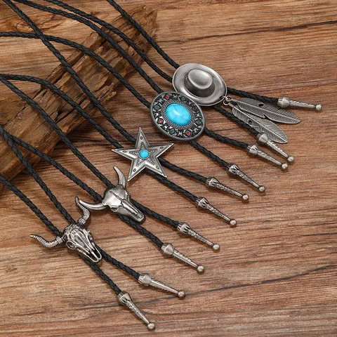 Vintage Western Cowboy Bolo Tie With Bull Head Skull Star Turquoise Pendant Adjustable PU Leather Cord Retro Neck Tie Jewelry
