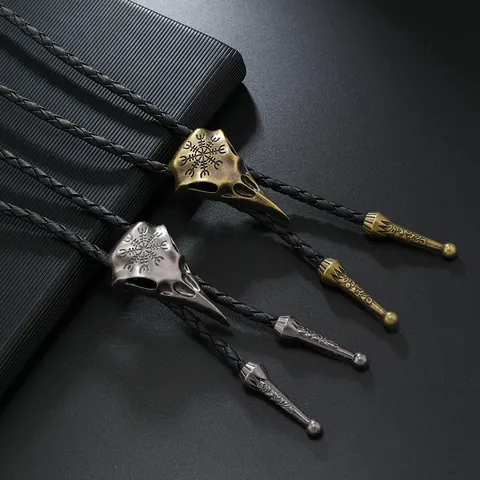 Bolo Tie Vintage Punk Calavera Pájaro para Hombre Mujer Colgante Aleación Vikingo Brújula Vegvisir Collar Cordón Cuero Joyería